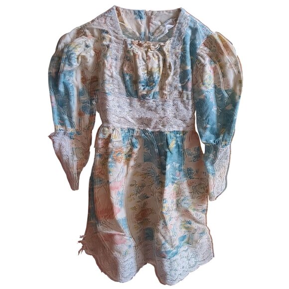 Girls 7 True Vintage Boho Peasant Floral Lace Puff Sleeve Dress Tie-Back 1970's - Picture 1 of 9